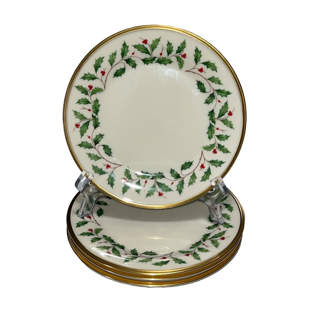 Lenox Holiday Holly Berry Salad Plates 24K Gold Trim 8" Set Of 4 Vintage USA